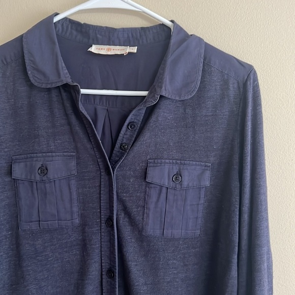 Tory Burch Two Pocket Navy Linen Cotton Button Down Shirt - Picture 5 of 10